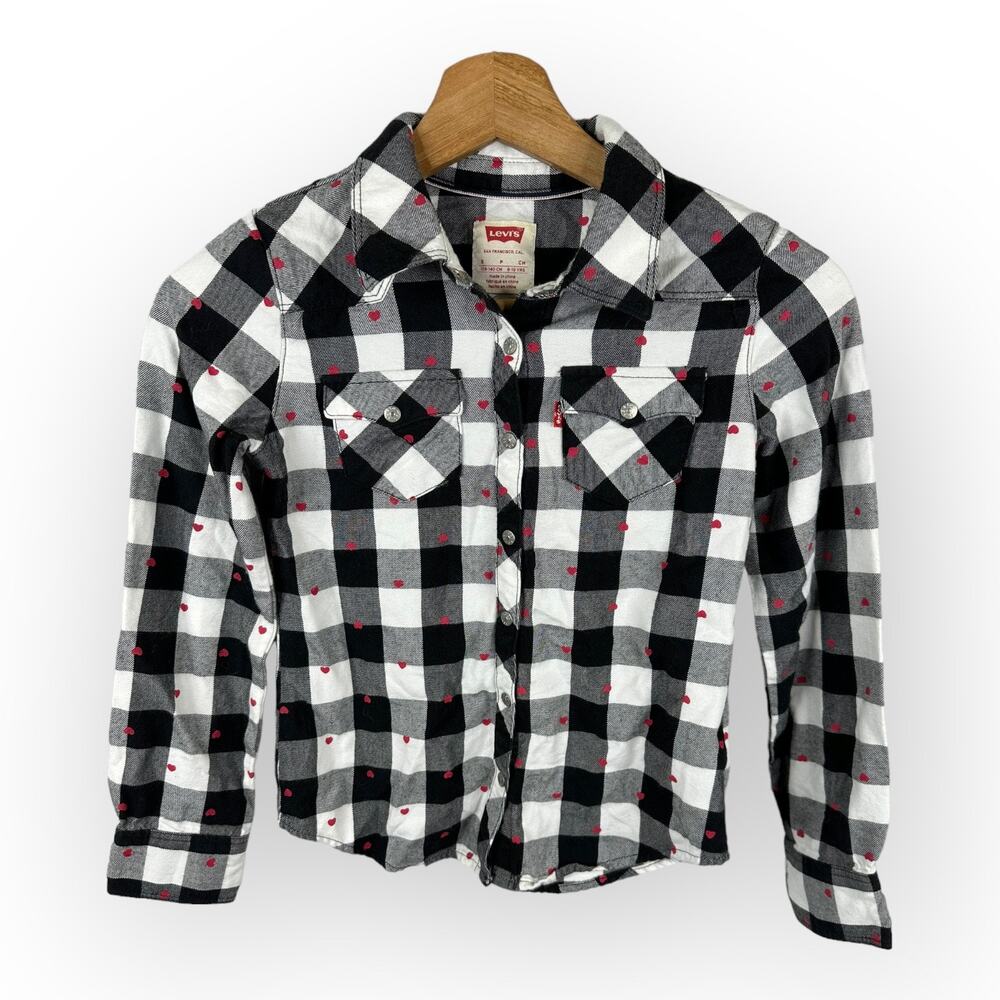Levis Girls Boys Unisex size Small Plaid Long Sleeve Snap Button Heart Shirt